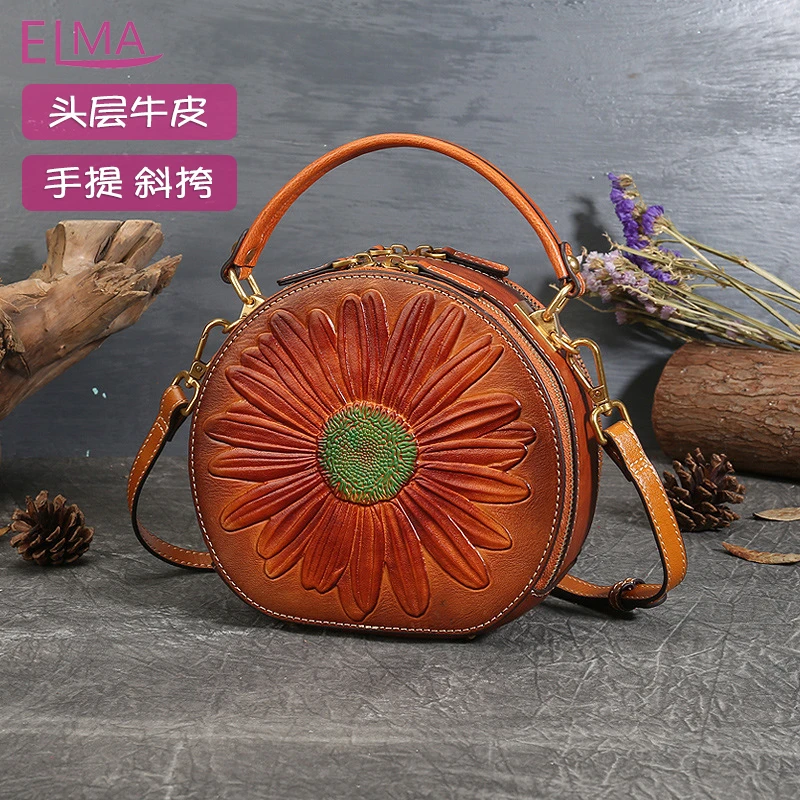 真皮小众女包新款女式手提包复古国风小圆包头层牛皮单肩包斜挎包