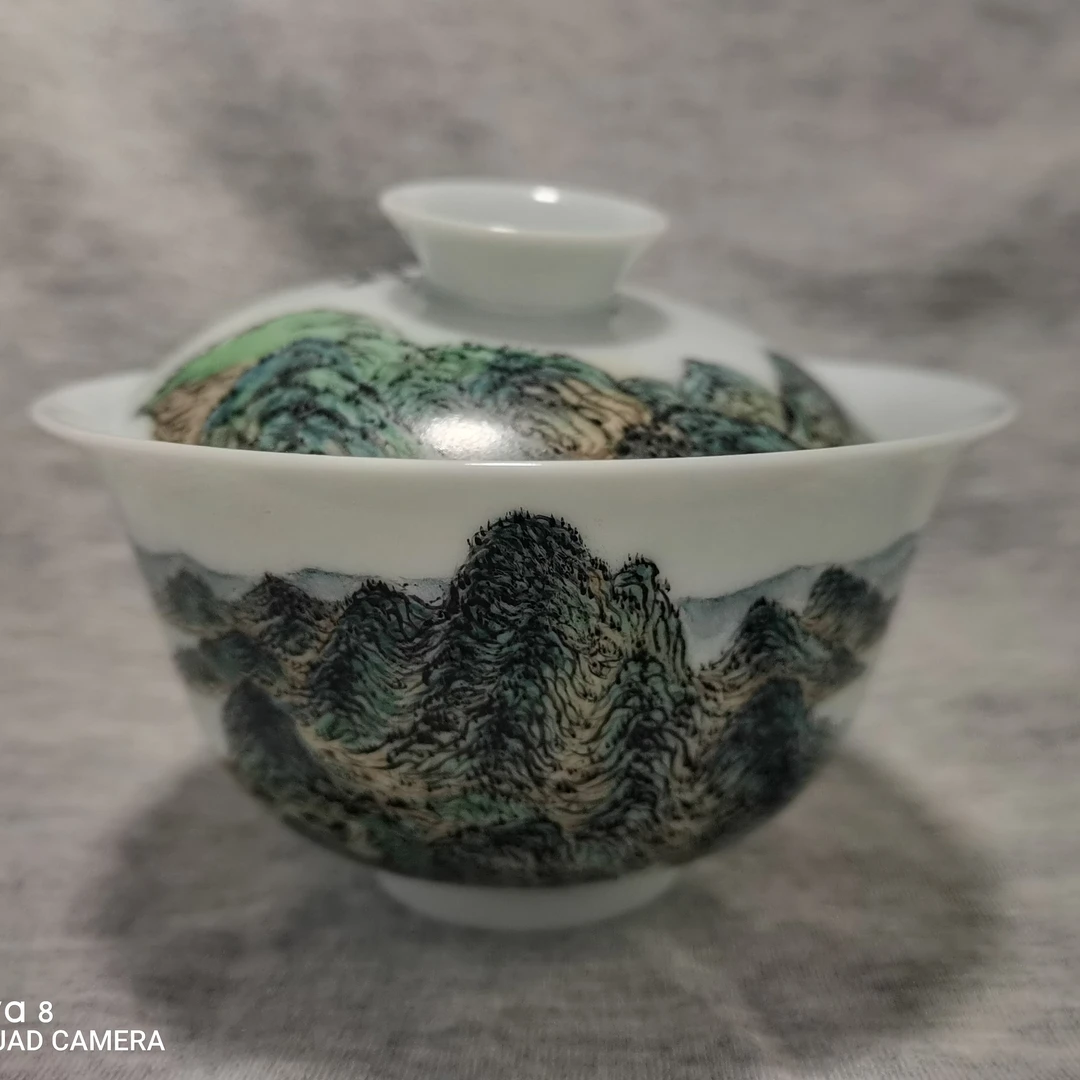 手工纯手工陶瓷白瓷大盖碗茶具千里江山图精美