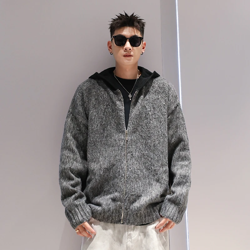 美式小众拼接连帽毛衣开衫男生秋冬季潮流休闲百搭慵懒风针织外套