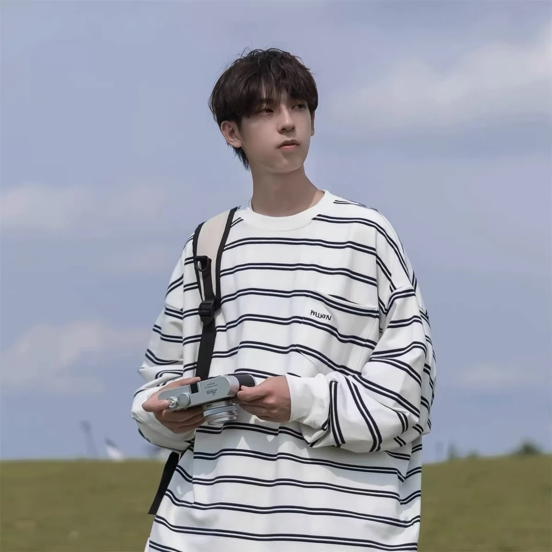 卫衣男ins潮流百搭秋季长袖港风宽松打底衫高街百搭休闲条纹卫衣