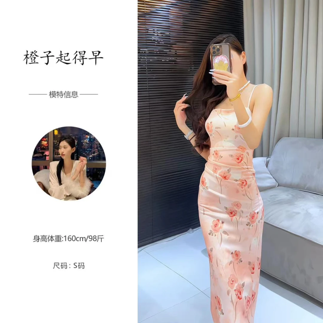 时尚气质长裙性感夏季复古小众包臀收腰修身开叉连衣裙