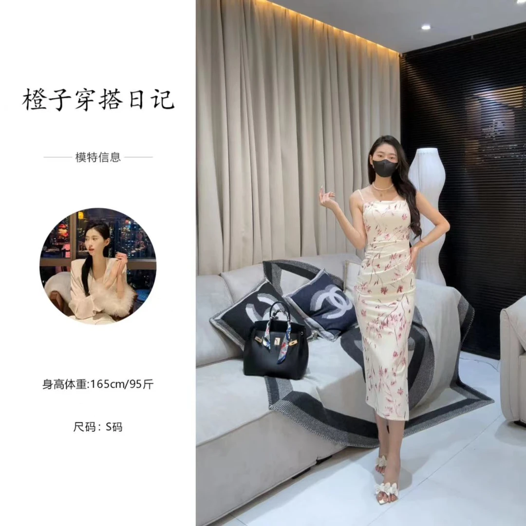 复古春夏外穿小众开叉连衣裙气质吊带裙高腰时尚性感夏季印花