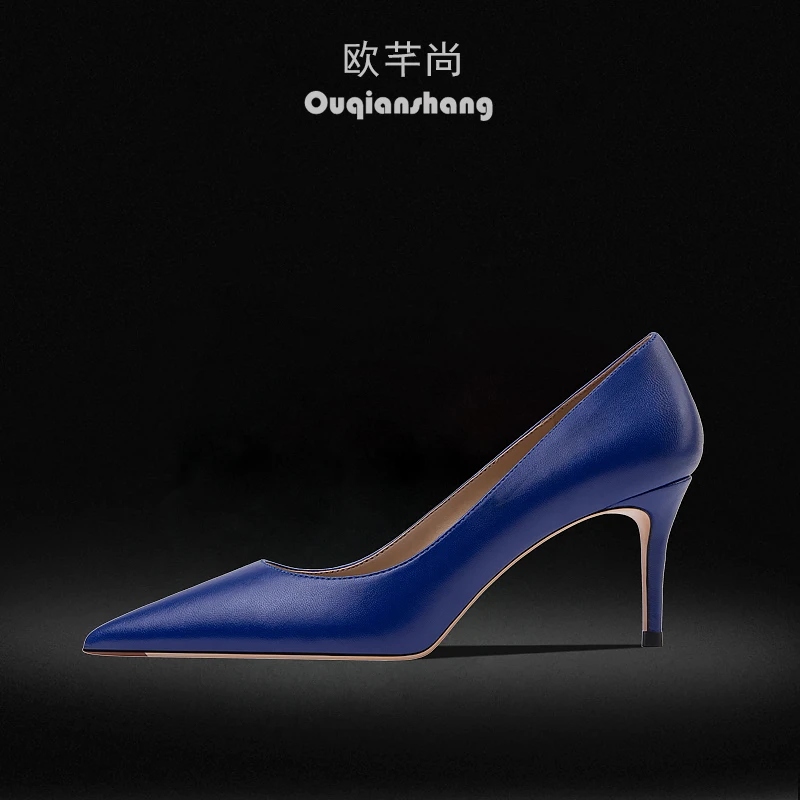 2024新款秋季宝蓝色尖头细高跟鞋女真皮亚光浅口单鞋中跟软皮女鞋