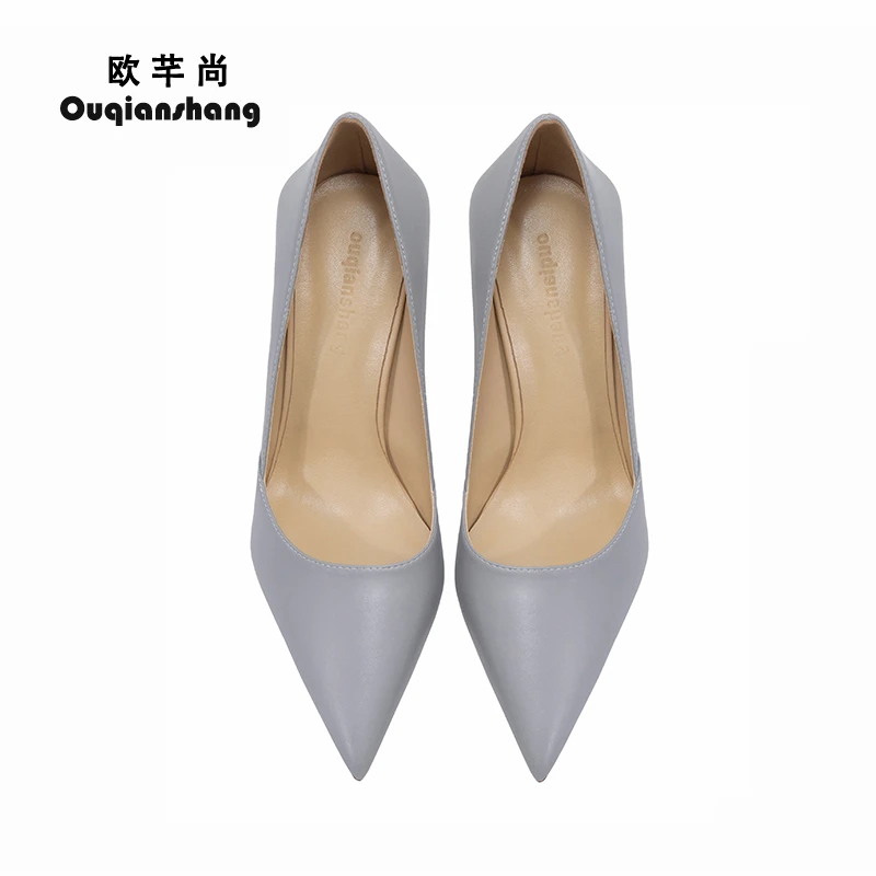 灰色拼接时尚尖头高跟鞋女细跟气质浅口轻奢法式职业简约女士性感