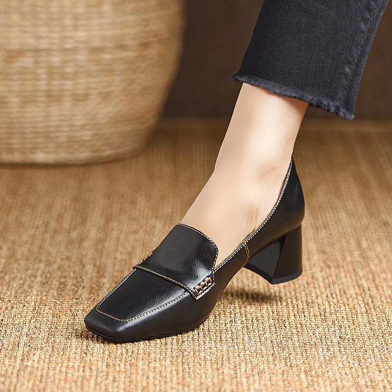 羊皮版真皮方头黑色通勤职业工作鞋粗跟高跟鞋气质春秋时尚单鞋女