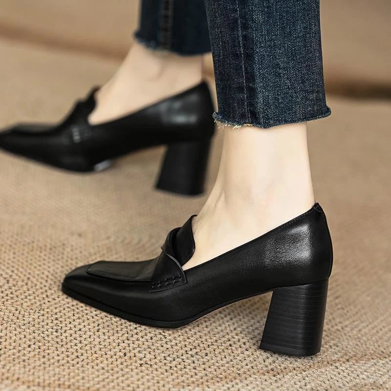 羊皮版  真皮方头一脚蹬黑色工作鞋时尚百搭粗跟高跟鞋春秋单鞋女