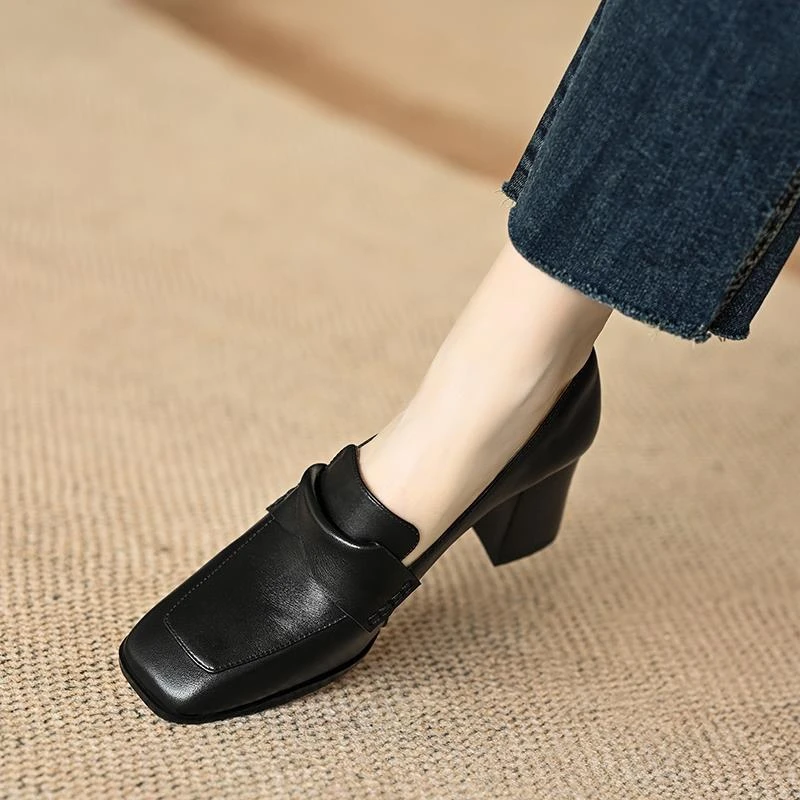 羊皮版 真皮方头高跟鞋黑色百搭粗跟时尚单鞋女一脚蹬工作鞋通勤