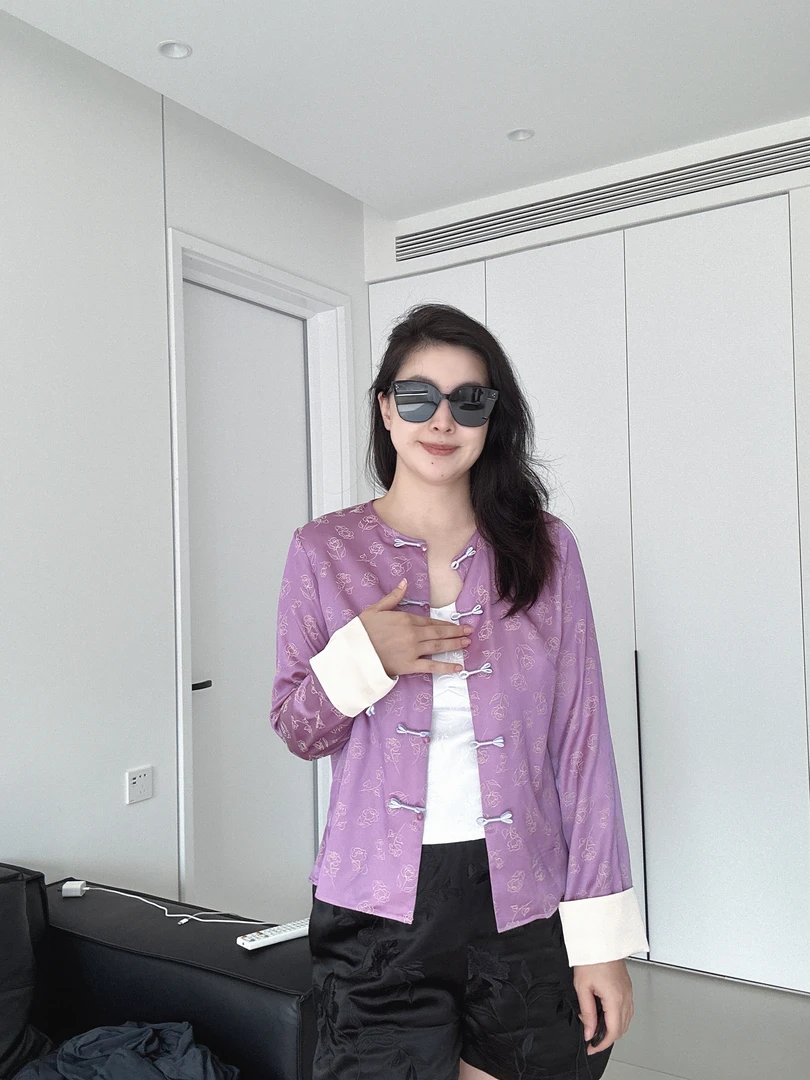 【木槿】新中式手工盘扣衬衫外套夏日新款紫色提花百搭上衣