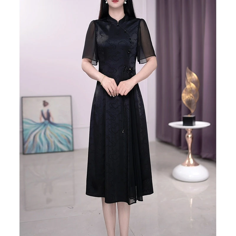 DBF-24A323NX 现货2025年黑色气质优雅气质连衣裙显瘦减龄M-5XL