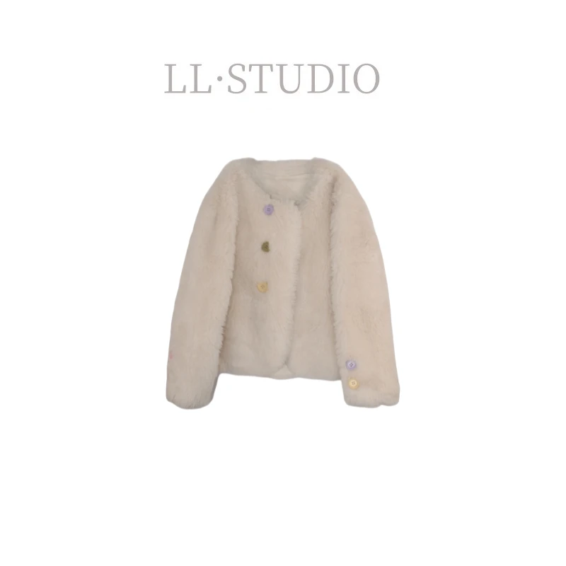 妙兮·LL新款韩系时尚气质休闲彩虹扣子毛毛外套*20242238