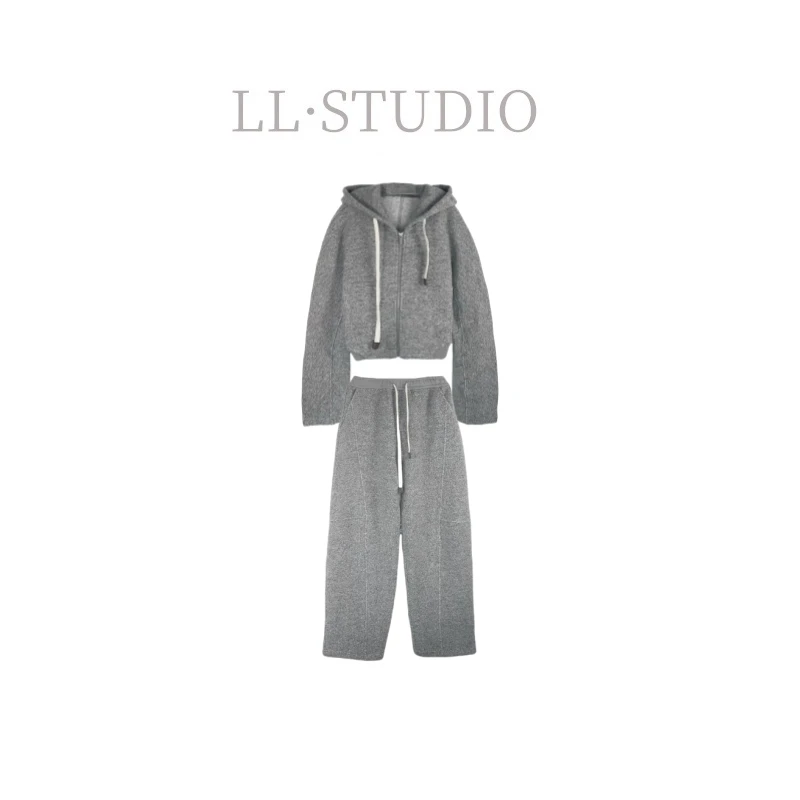 妙兮·LL冬季新款加绒加厚简约休闲女装连帽两件套套装*20242095