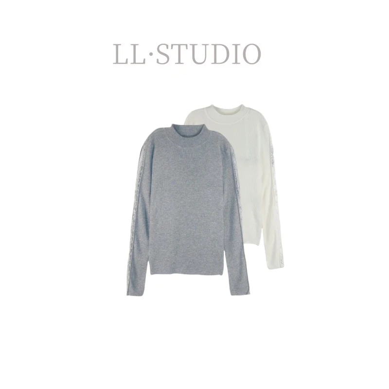 妙兮·LL新款高级感纯色蕾丝拼接修身显瘦针织衫*20242008