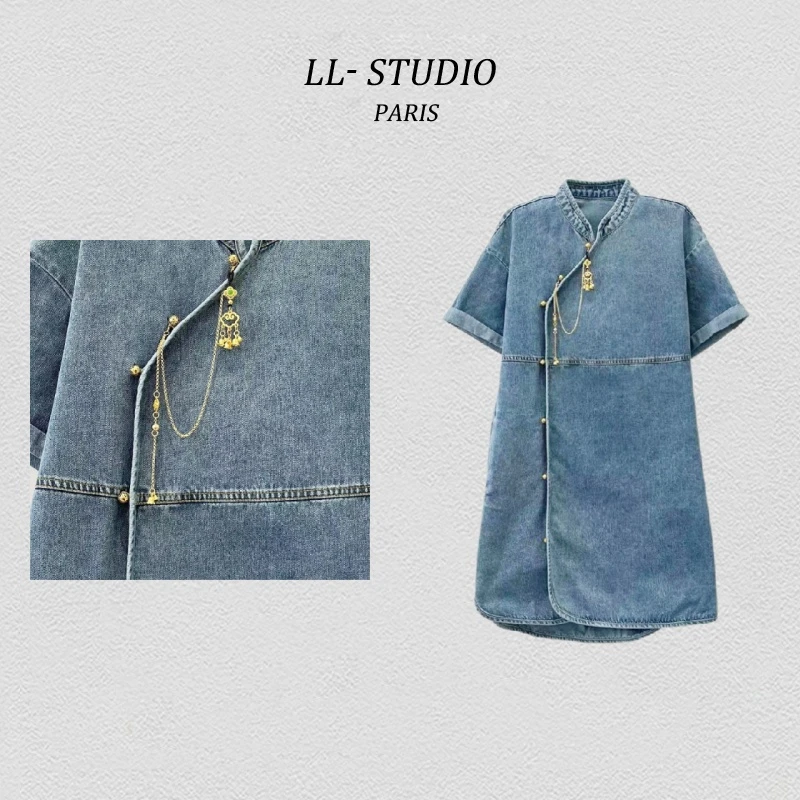 48妙兮 LL‘烟雨’斜襟气质显瘦温柔国风女装牛仔裙子#20240303