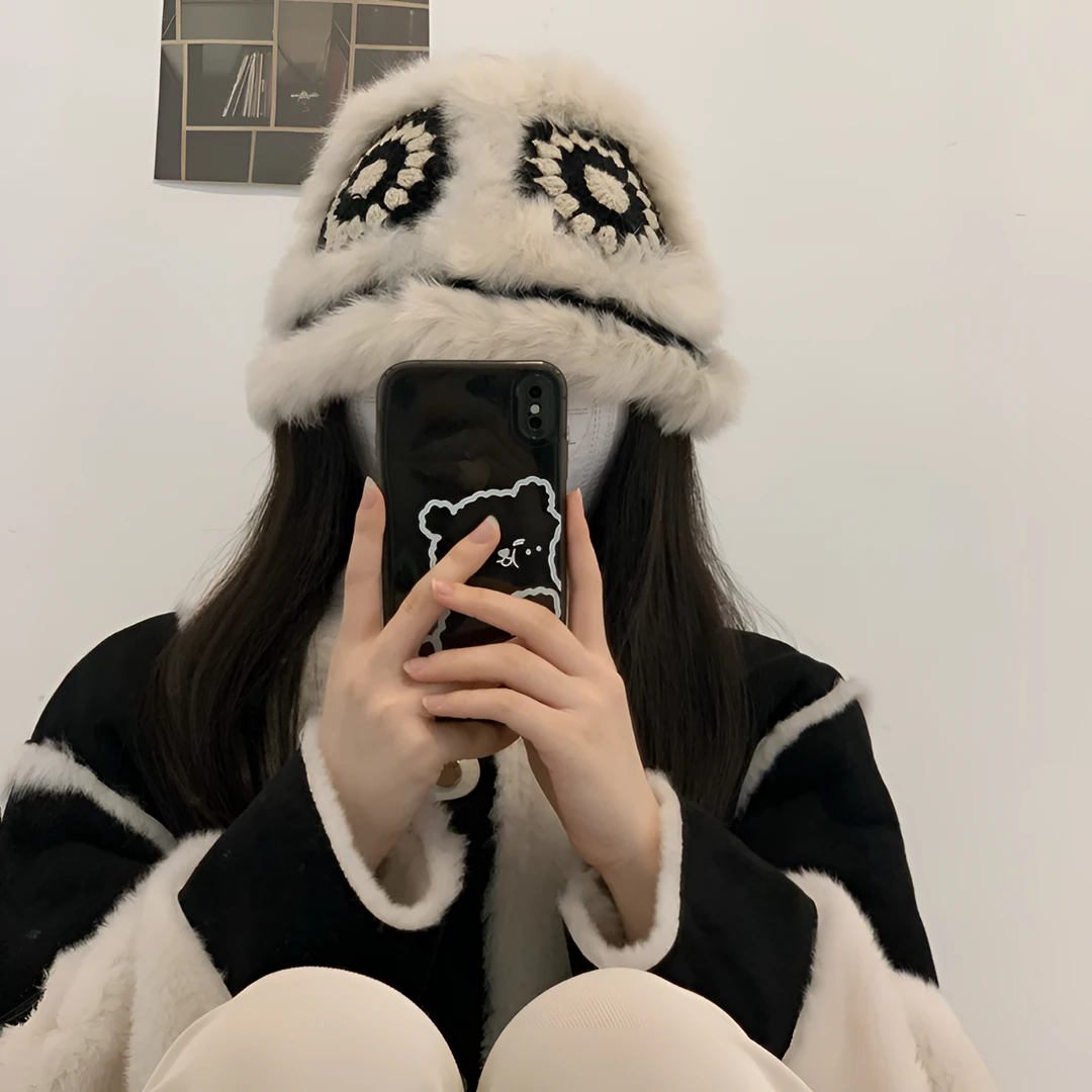 国潮醒狮帽子女兔毛加绒秋冬季款手工编织百搭毛线针织可爱渔夫帽
