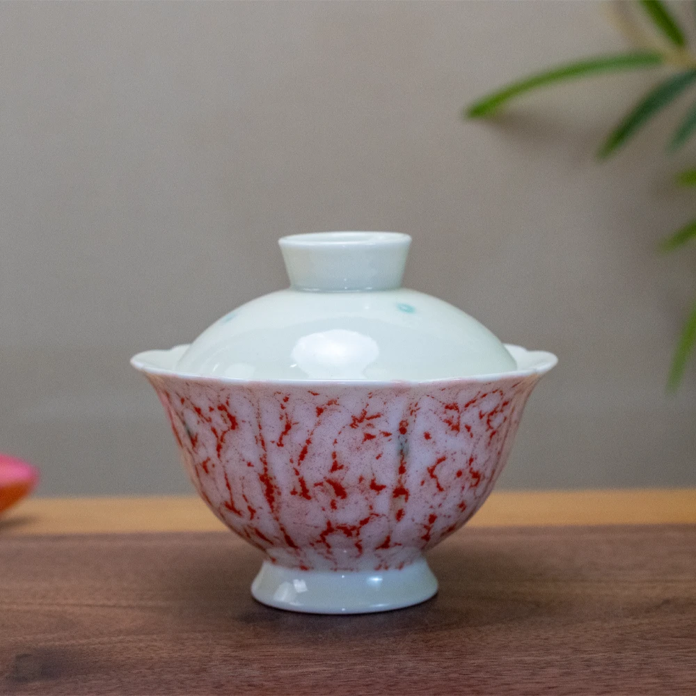 领丰 松石红高足二才盖碗陶瓷复古窑变手工泡茶碗功夫茶具单盖碗