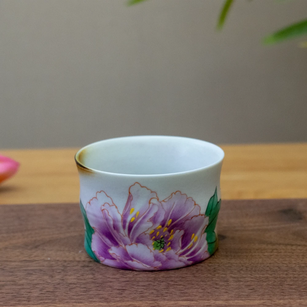 领丰 李辉熠富贵紫牡丹柴烧手绘复古主人杯高端女士功夫茶竹节杯
