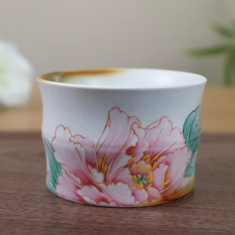 领丰 李辉熠富贵牡丹柴烧手绘复古主人杯高端女士功夫茶具竹节杯