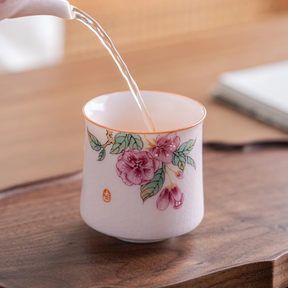 领丰 粉汝手绘桃花小高足主人杯陶瓷中式大容量功夫茶杯带礼盒装