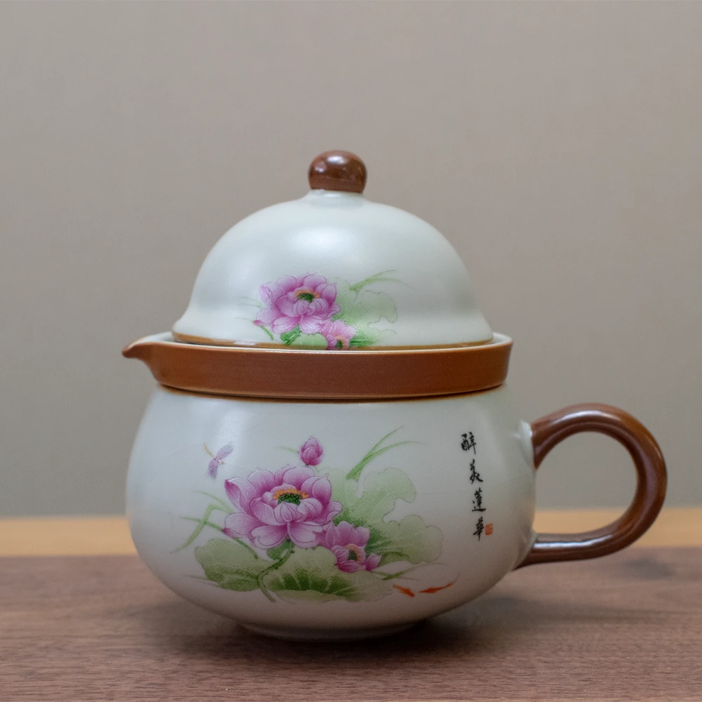 领丰 醉美莲华茶咖一壶两杯便携式茶具陶瓷泡茶杯茶水分离办公杯