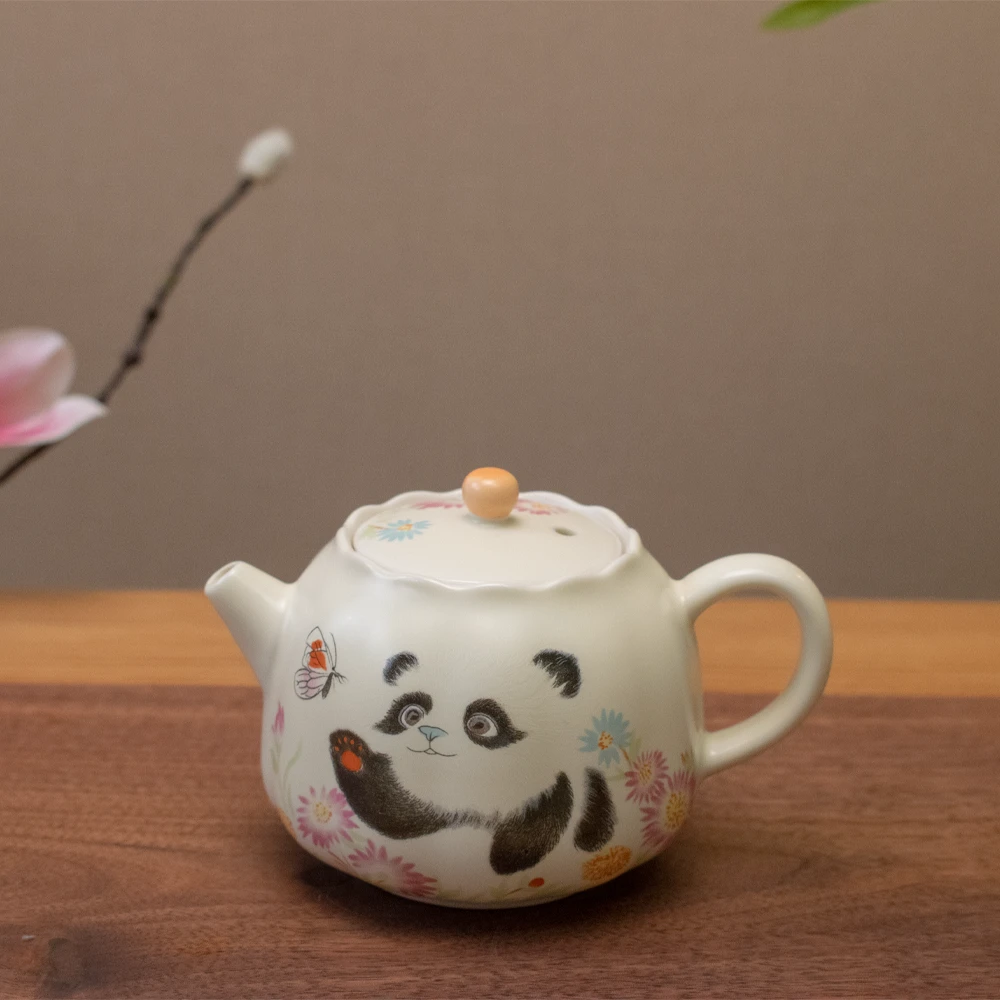 领丰 米黄熊猫南瓜花边正把壶陶瓷釉下彩可爱家用泡茶壶功夫茶壶