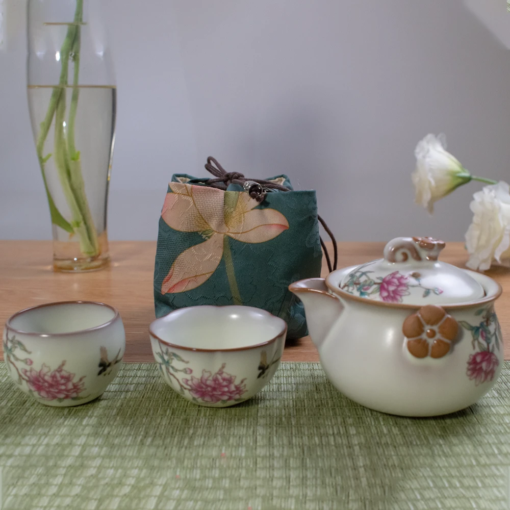当代 领丰 猪油冻芍药旅行茶具开片可养户外一壶两杯便携功夫茶具