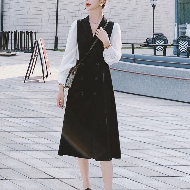 JN24秋季大码法式复古赫本风黑色拼接假两件西装领中长款连衣裙女