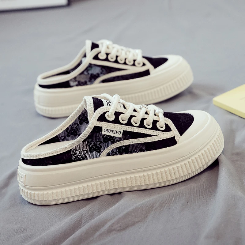 2024夏季新款透气蕾丝百搭女拖鞋时尚凉拖半拖懒人一脚蹬爆款布鞋