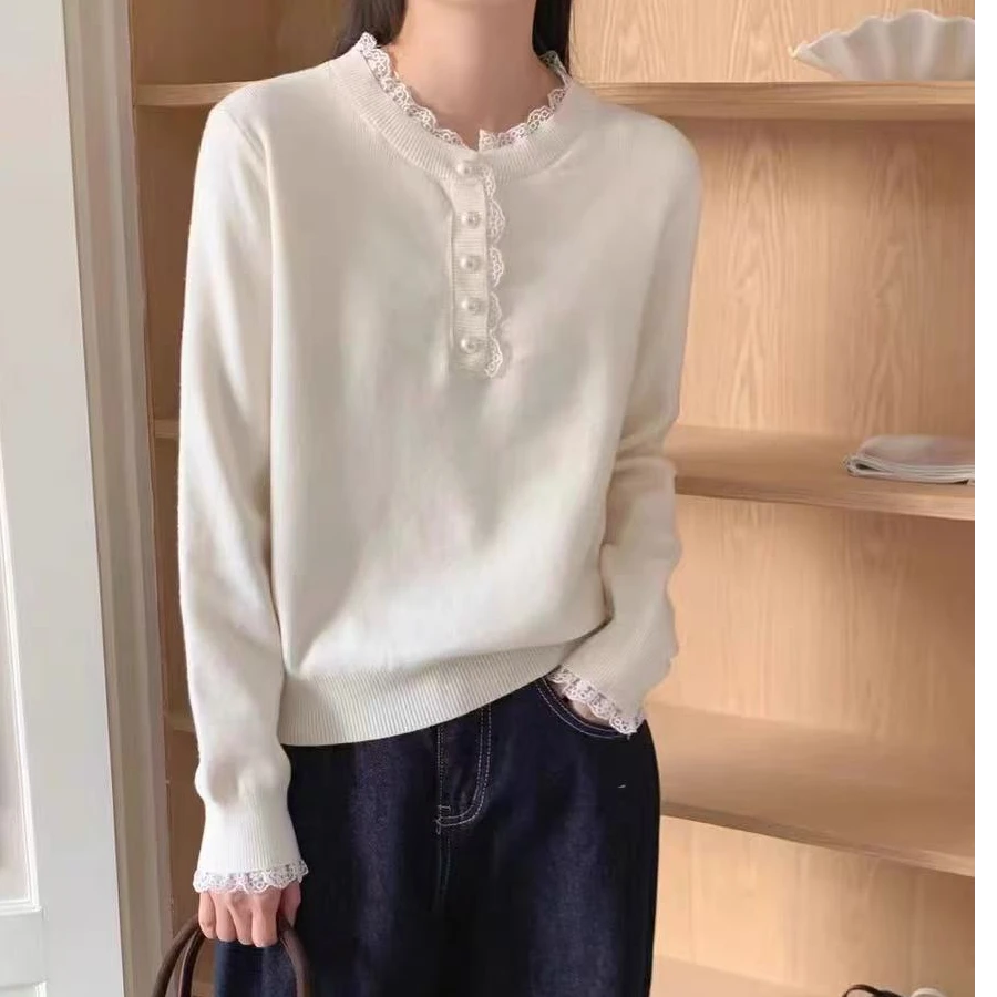 5200冬季蕾丝边时尚百搭气质针织衫(衣长56CM左右)