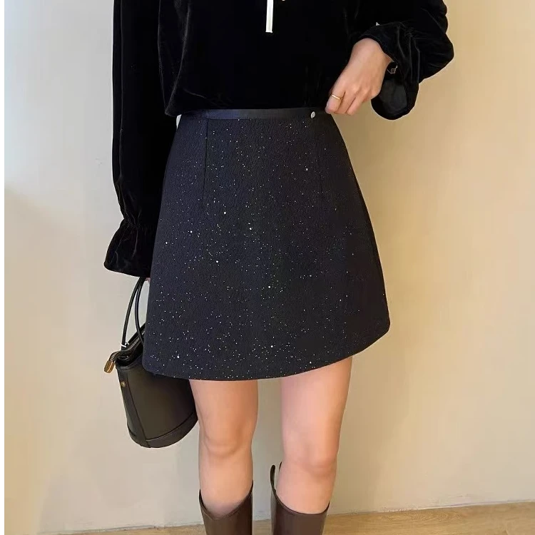 3888秋冬高腰百搭气质A字亮片半身裙（裙长39CM左右)