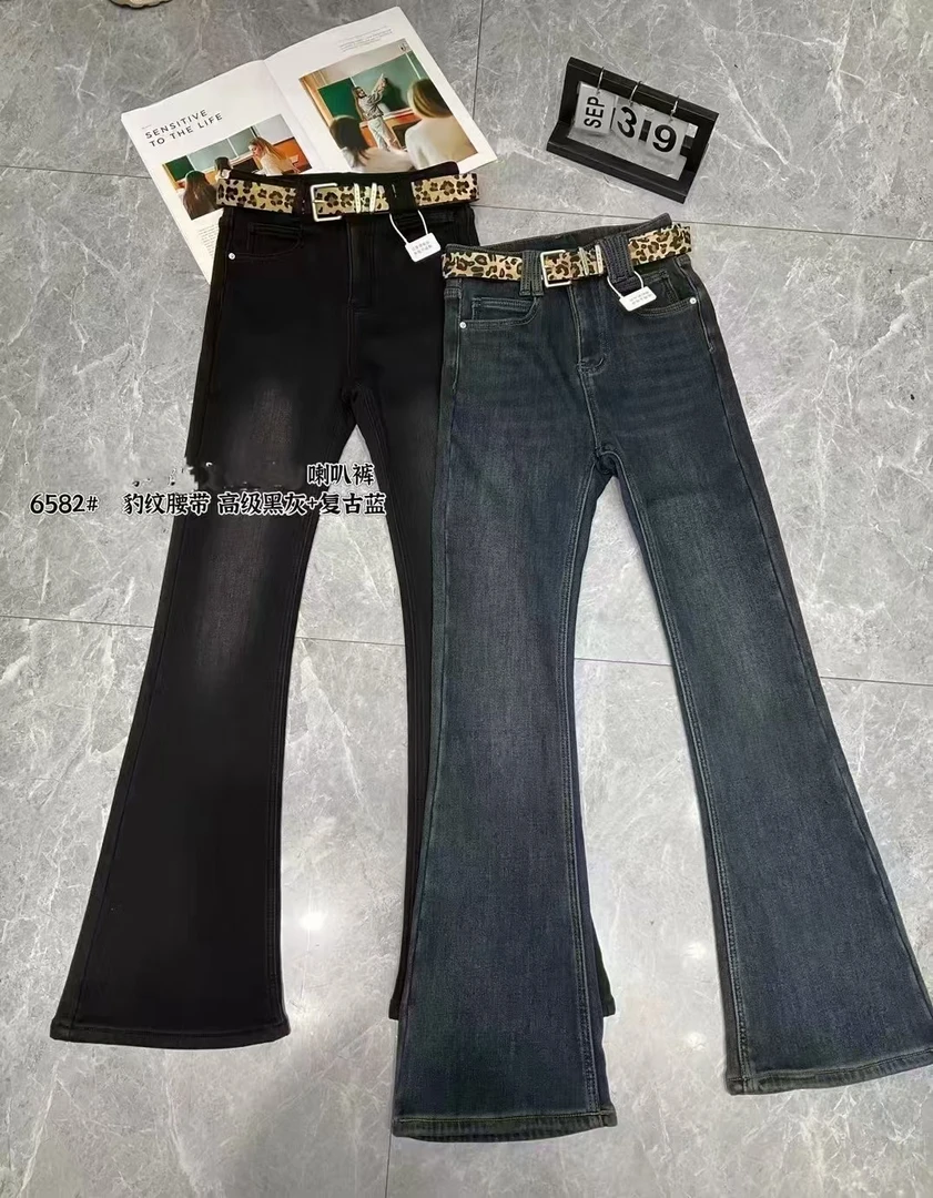 6582高腰时尚加绒加厚牛仔微喇裤（裤长103CM左右）