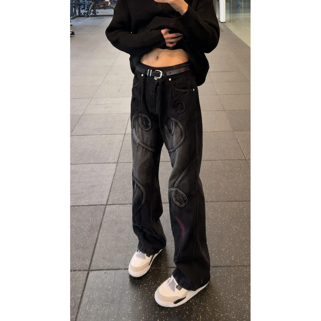 美式潮牌设计感小众刺绣显瘦复古做旧微喇牛仔裤男高街休闲长裤子