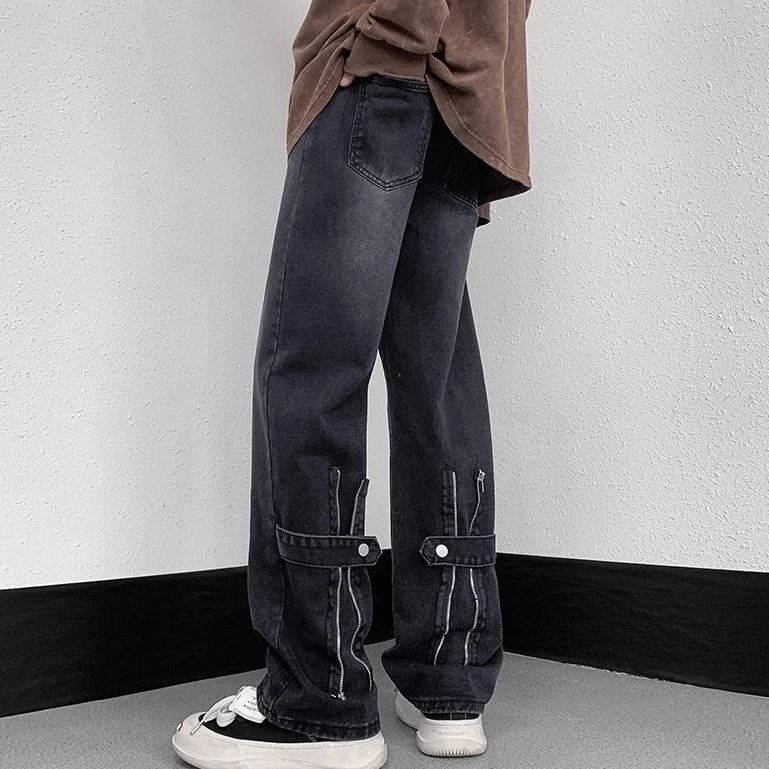 2024新款美式复古潮牌炸街牛仔裤男别致设计感拉链开叉美式牛仔裤