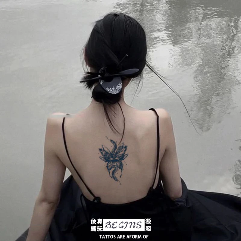 莲蛇欲出蝴蝶纹身贴草本半永久防水持久逼真男生女款腹部背部贴纸