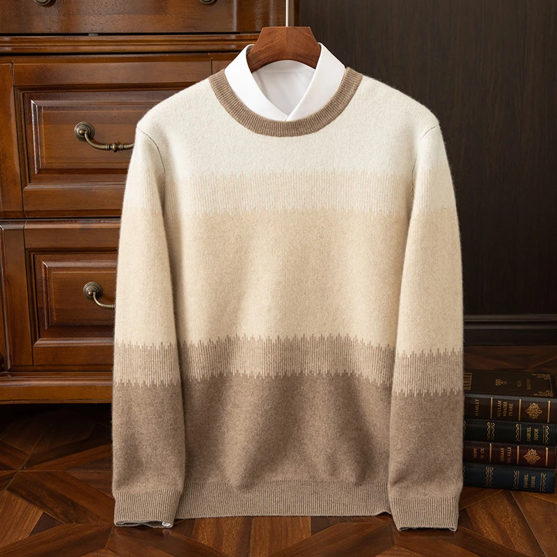 新品100%男士纯山羊绒秋冬新款加厚织法四平针长袖衫条纹韩版毛衣