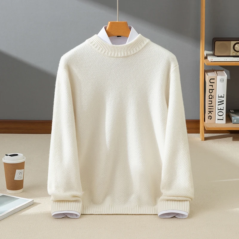 新品100%男士山羊绒秋冬12针压线半高领休闲针织宽松加厚保暖毛衣