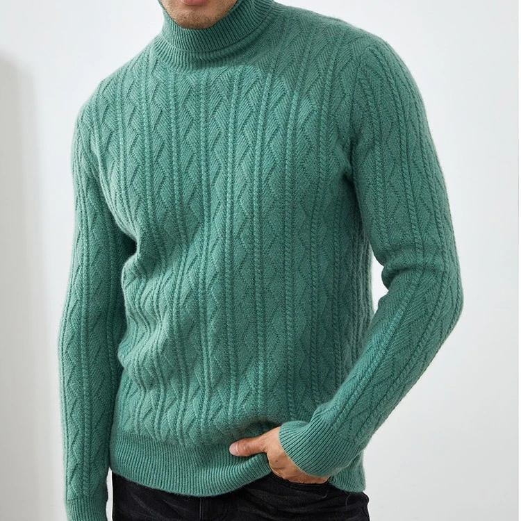 100%纯山羊绒男士7针双股麻花扭花高翻长袖针织时尚加厚百搭毛衣