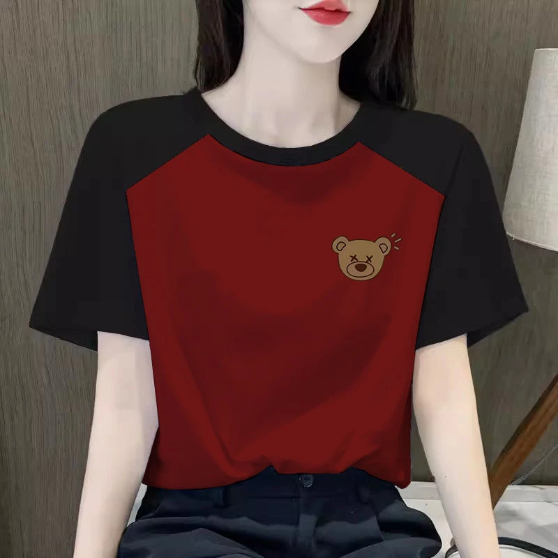 短袖t恤女2024新款爆款夏季洋气拼接撞色百搭显瘦上衣设计感女装