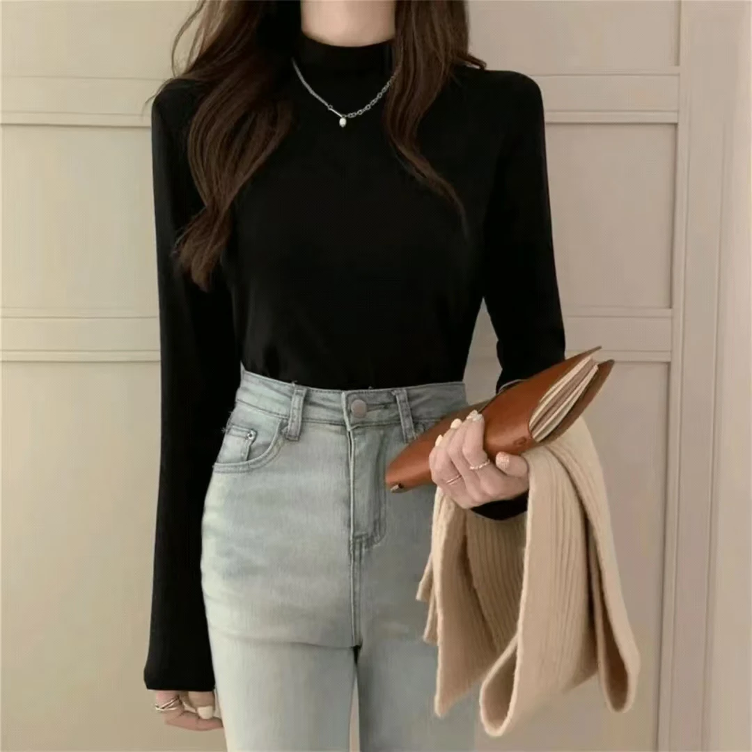 半高领双面德绒打底衫女立领秋冬季内搭白色加绒加厚保暖长袖上衣