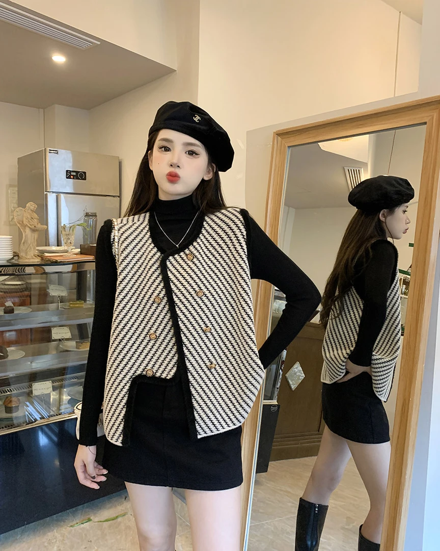 大码胖MM水貂毛条纹马甲女款2025秋冬新款小香风外搭马甲外套女