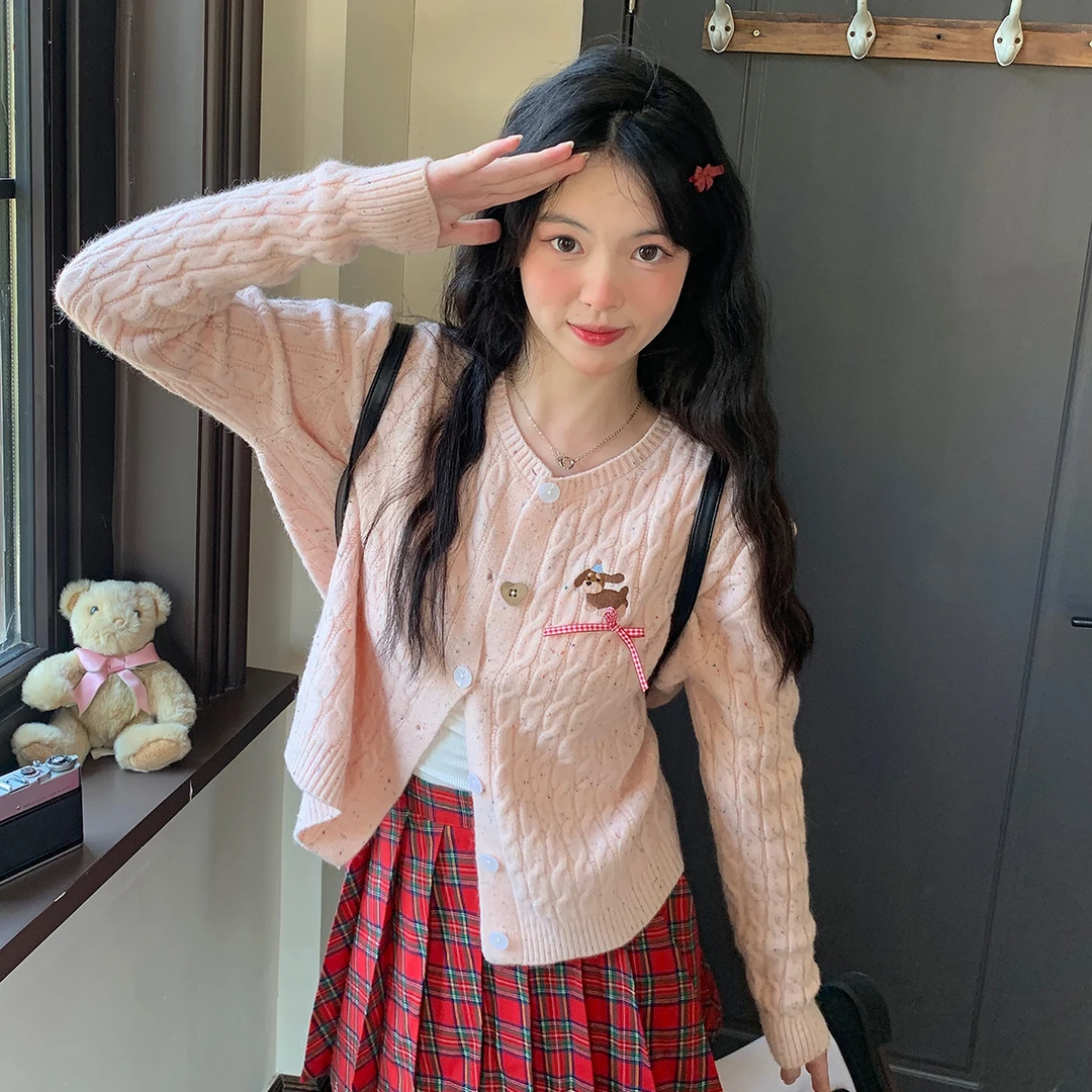 学院风薄款毛衣外套甜美可爱粉色麻花针织开衫女春秋长袖小香风