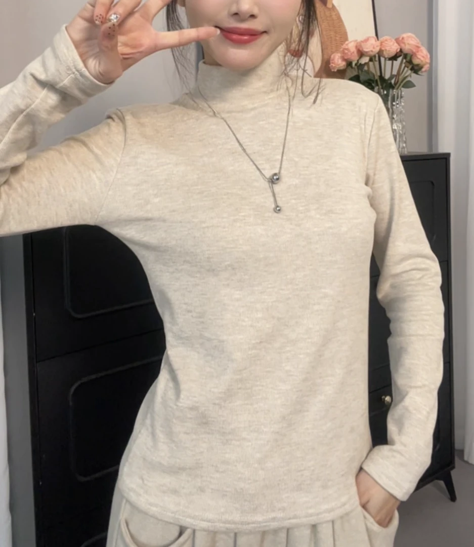 春季加绒加厚半高领百搭打底衫女内搭修身显瘦短款保暖T恤上衣#86