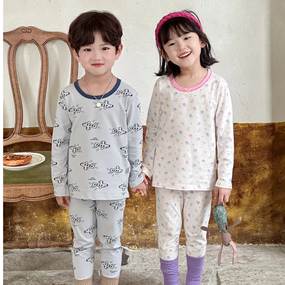 新款儿童春秋无骨内衣莱卡宝宝秋衣秋裤套装韩系卡通家居服睡衣