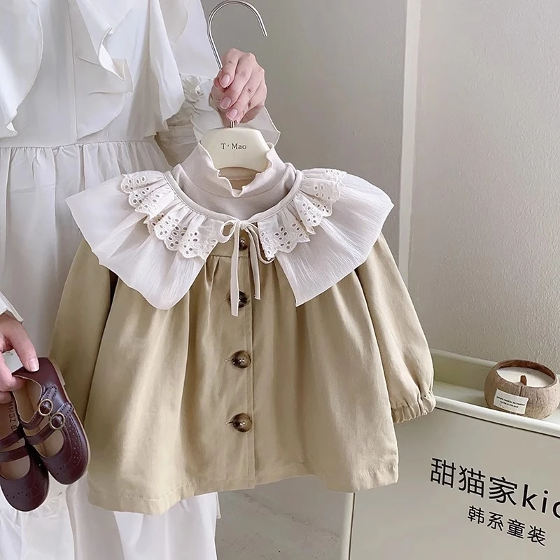 女童秋装风衣外套2024新款洋气儿童长袖大翻领复古上衣休闲宽松潮