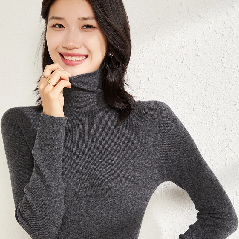 精纺细支100纯羊毛高领针织打底衫女紧身显瘦薄毛衣内搭气质通勤