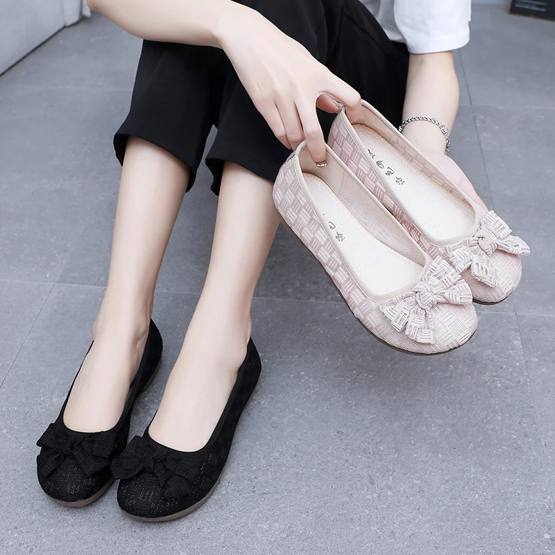 老北京布鞋女夏季新款透气网面网鞋时尚蝴蝶结妈妈鞋平底软底休闲