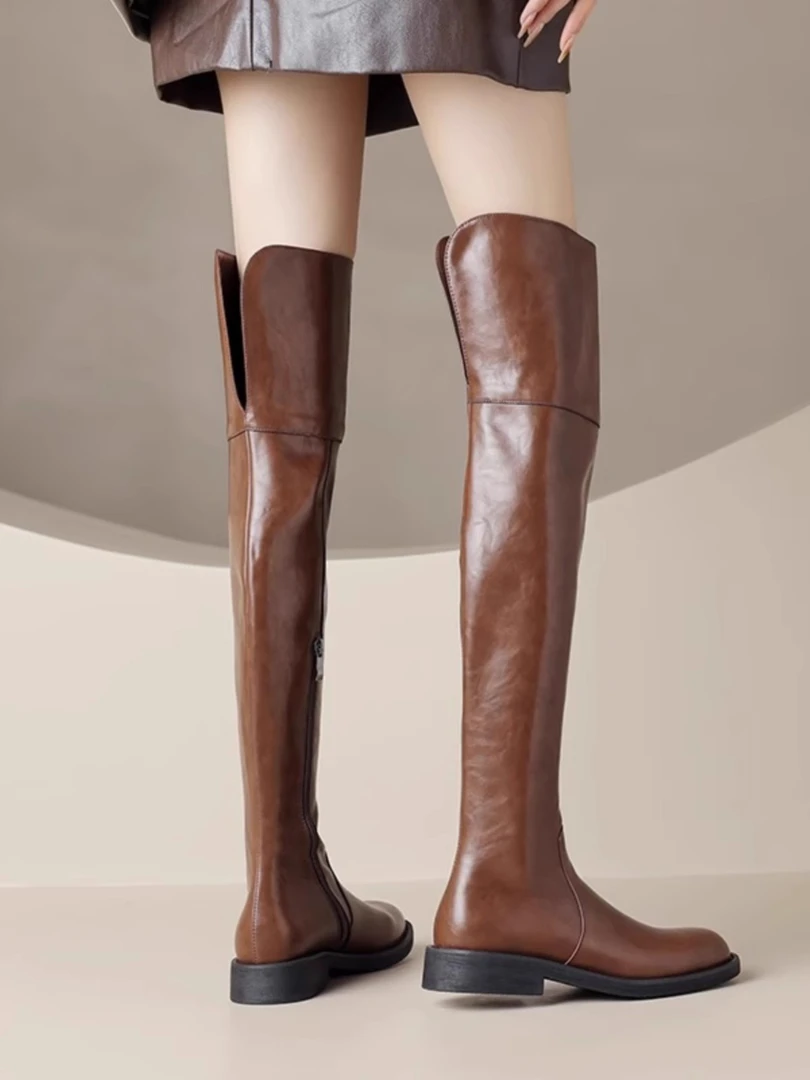 真皮低跟平底长筒靴女2025秋冬新款圆头棕色加绒过膝靴高筒骑士靴