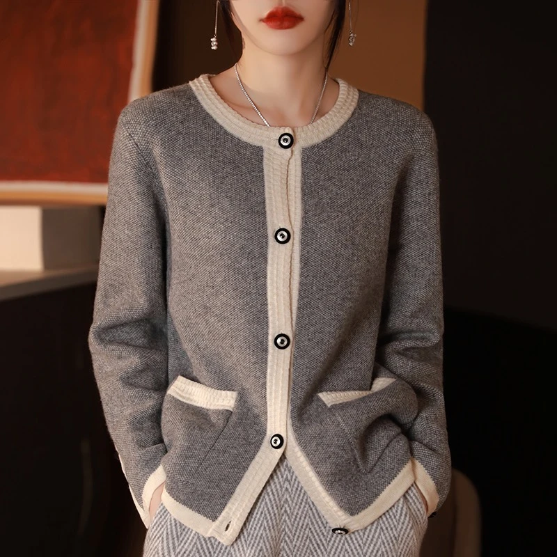 爆款小香风100%羊毛圆领拼色开衫女带兜时尚百搭显瘦针织外套