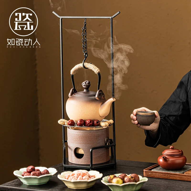 如瓷动人中式陶瓷围炉煮茶挂钩煮茶炉茶壶户外烧炭烧水提梁壶茶具