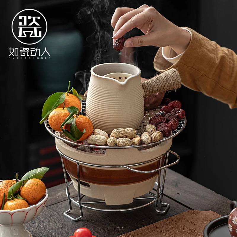 如瓷动人围炉煮茶家用室内烤茶炉炭炉煮茶壶罐罐茶侧把壶白泥陶壶