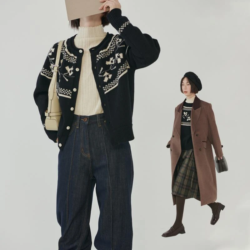 2025年北欧风提花黑色针织开衫女秋冬设计感圣诞氛围感毛衣外套厚